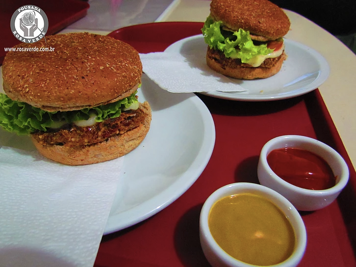Modelos de pousadas para se inspirar: Hamburgueres veganos servidos da Pousada Rosa Verde